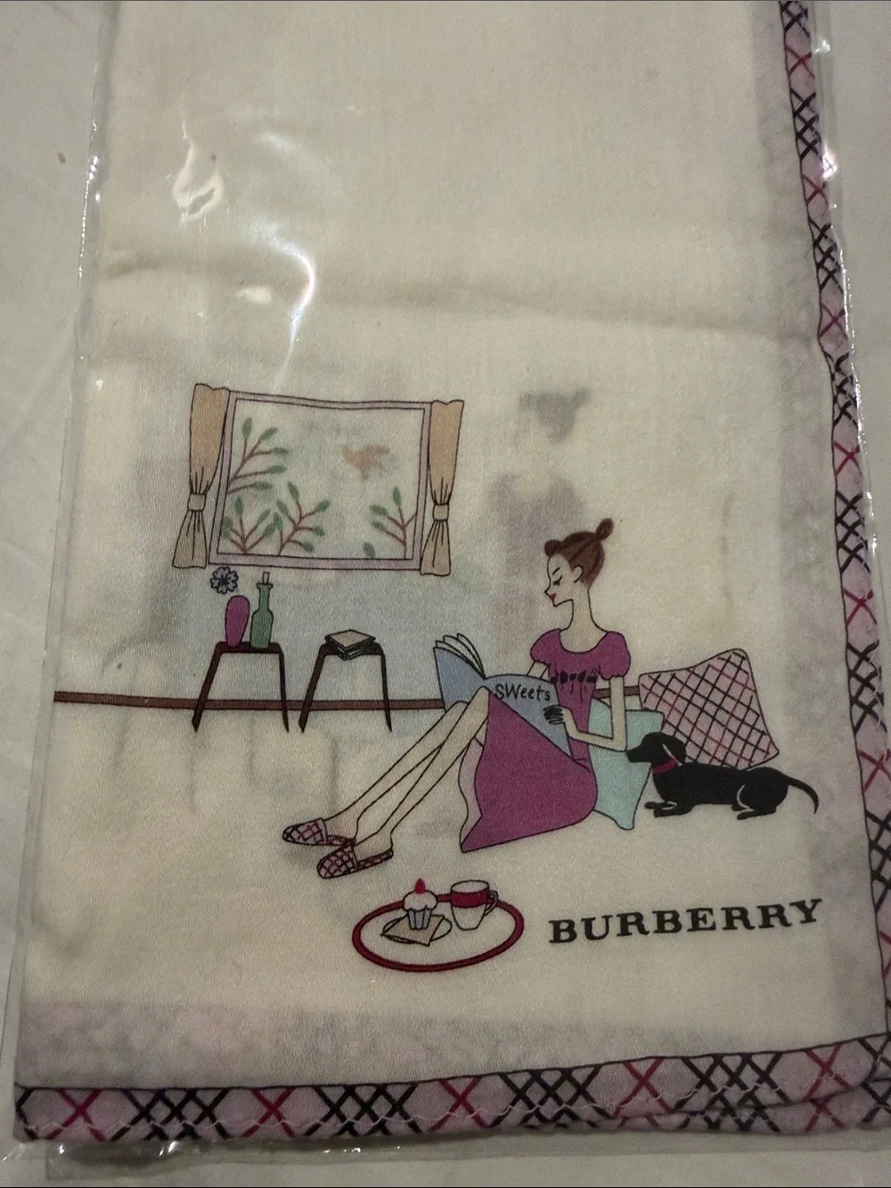 Burberry Cream Silk Scarf with Pink & Black Print - Picture 4 of 6